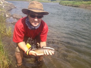 Mac F.  with the first of many Yellowstone Cutthroat that ate his hopper on Slough Creek. 